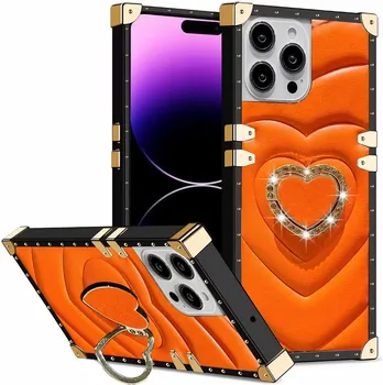 Luxusný 3D Láska Vzor, Štvorcový Stojan Telefón puzdro Pre Iphone 14 Pro Max 13 12 11 Krúžok Držiak PU Kožené Kryt Shcokproof